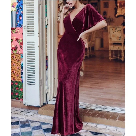 rust Brown Velvet Off Shoulder formal party evening wedding prom Luxe dress - Picture 5 of 14